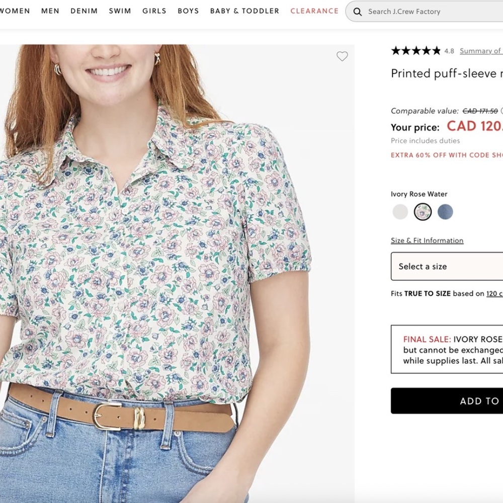 J Crew Factory Printed puff-sleeve ruffle-collar top Ivroy Rose Water 3X Plus - Picture 2 of 9